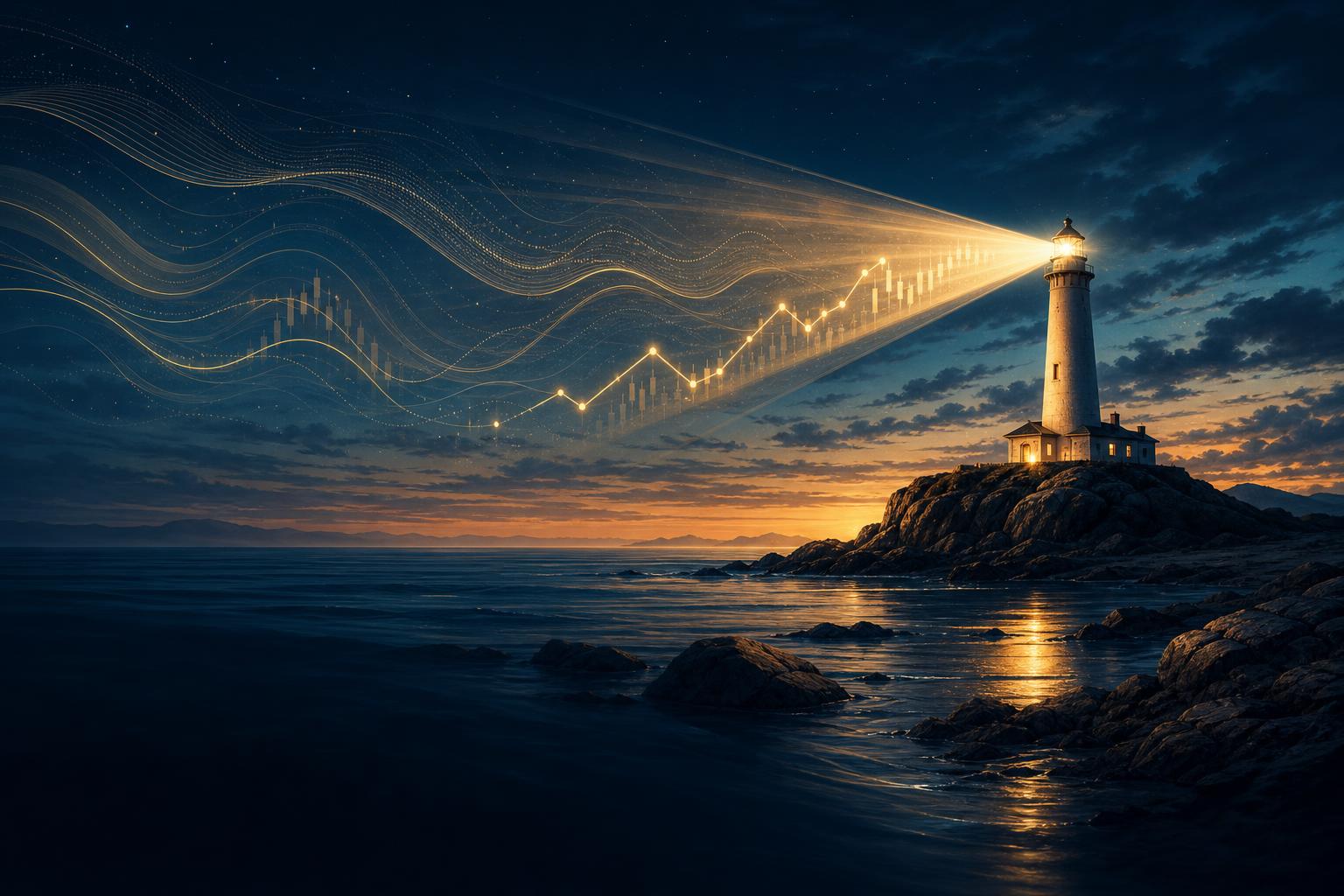 A lighthouse beacon guides financial flows across a calm twilight shore